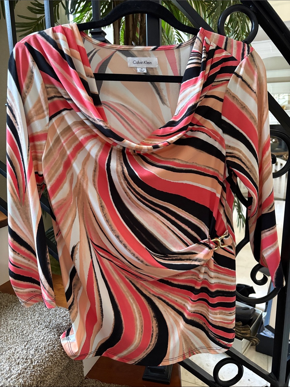 Calvin Klein Coral, Black & Cream Swirl Cowl-Neck Long Sleeve Top